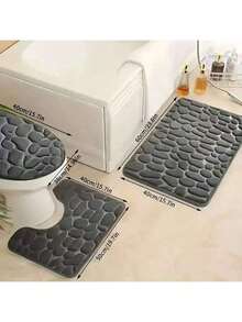 3pcs Coral Fleece Stone Texture Embossed Mat Set: Non-Slip Doormat, Solid Color Minimalist Bathroom Absorbent Foot Mat, Thick Foam Bath Mat - Multicolor - View 16
