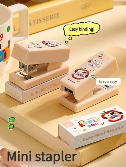 1 Set Of Cartoon Mini Stapler Set [400 Staples Free] Small Portable Student Cute Stapler Household Labor-Saving Binding Machine Hand-Held Small High-Value Bookbinder Is Convenient For Storing And Carrying Office, School Stationery