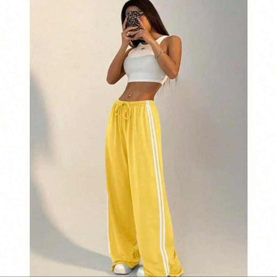 Wide Leg Track Pants, Side Stripe, Elastic Waistband, Pocket, Marrant Fabric - 黃色 - 查看 1