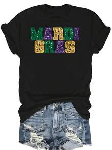 Camiseta de verano minimalista con letras brillantes, unisex, de verano, casual, transpirable, de personalidad, de cuello redondo, de manga corta, ropa de calle, versátil, adecuada para adolescentes y adultos - Negro - Ver 1