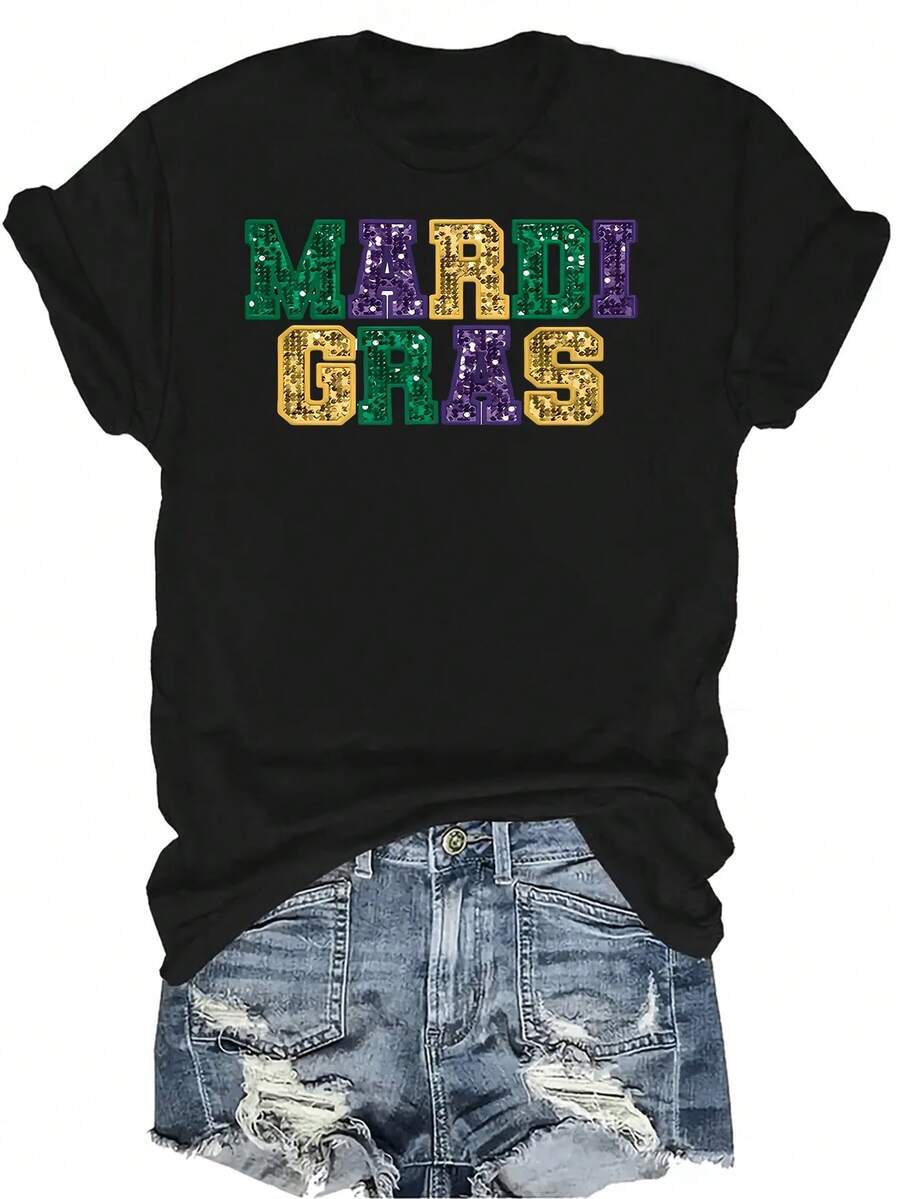 Camiseta de verano minimalista con letras brillantes, unisex, de verano, casual, transpirable, de personalidad, de cuello redondo, de manga corta, ropa de calle, versátil, adecuada para adolescentes y adultos - Negro - Ver 1
