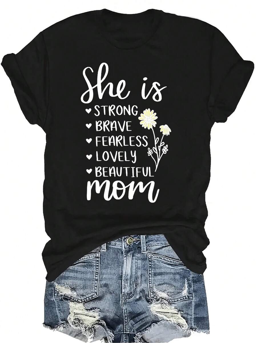 Camiseta con texto inspirador "She Is MOM" Unisex de verano, casual, transpirable, de cuello redondo, manga corta, estilo urbano, versátil, adecuada para adolescentes y adultos - Negro - Ver 1
