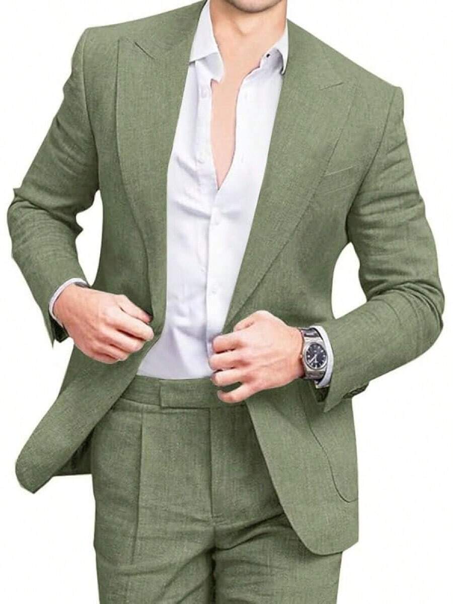 Mens Linen Suits 2 Piece Beach Wedding Blazer Summer Grooms Classic Lightweight Breathable Jacket Pantshalloween - Xanh nhạt - Xem 1