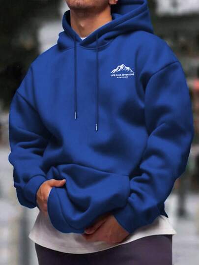 بلوزة هوديي رجالية بسيطة للخريف/الشتاء مع طباعة شعار الجبل وجيب وسحاب