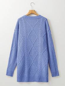 Acelitt Autumn/Winter Women's Solid Color Knitted Textured Pattern Dropped Shoulder Oversized Sweater Dress, Order One Size Down - Blue - View 7
