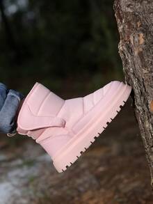 1 双女童天鹅绒保暖钩环易穿脱中筒雪地靴，适合秋冬外出 - 粉色 - 查看 5