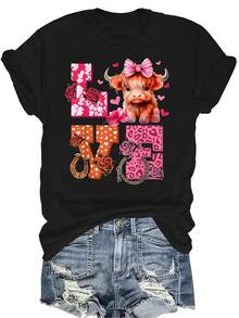 Camiseta unisex de verano casual y transpirable con diseño de vaca de las tierras altas y corazón rosa, de cuello redondo y manga corta, versátil y adecuada para adolescentes y adultos - Negro - Ver 1