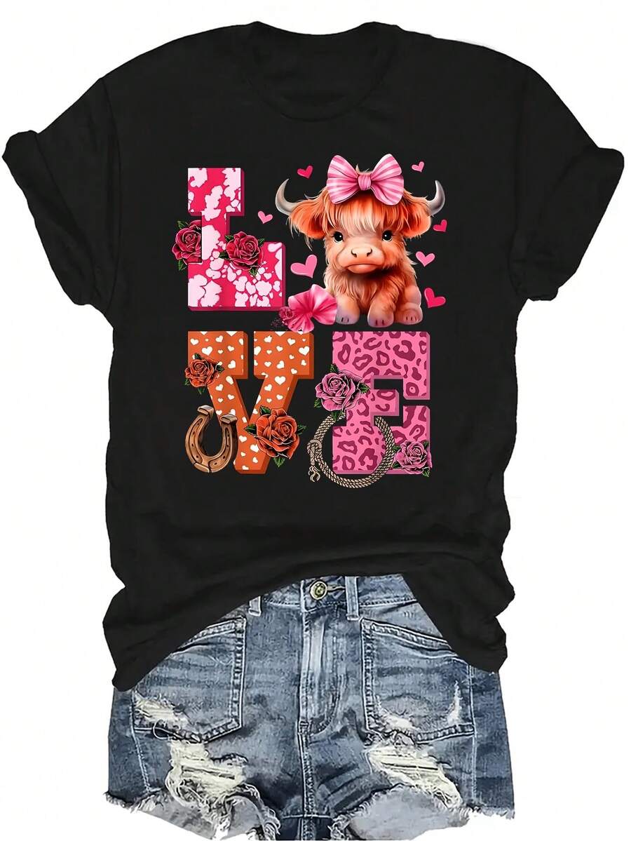 Camiseta unisex de verano casual y transpirable con diseño de vaca de las tierras altas y corazón rosa, de cuello redondo y manga corta, versátil y adecuada para adolescentes y adultos - Negro - Ver 1