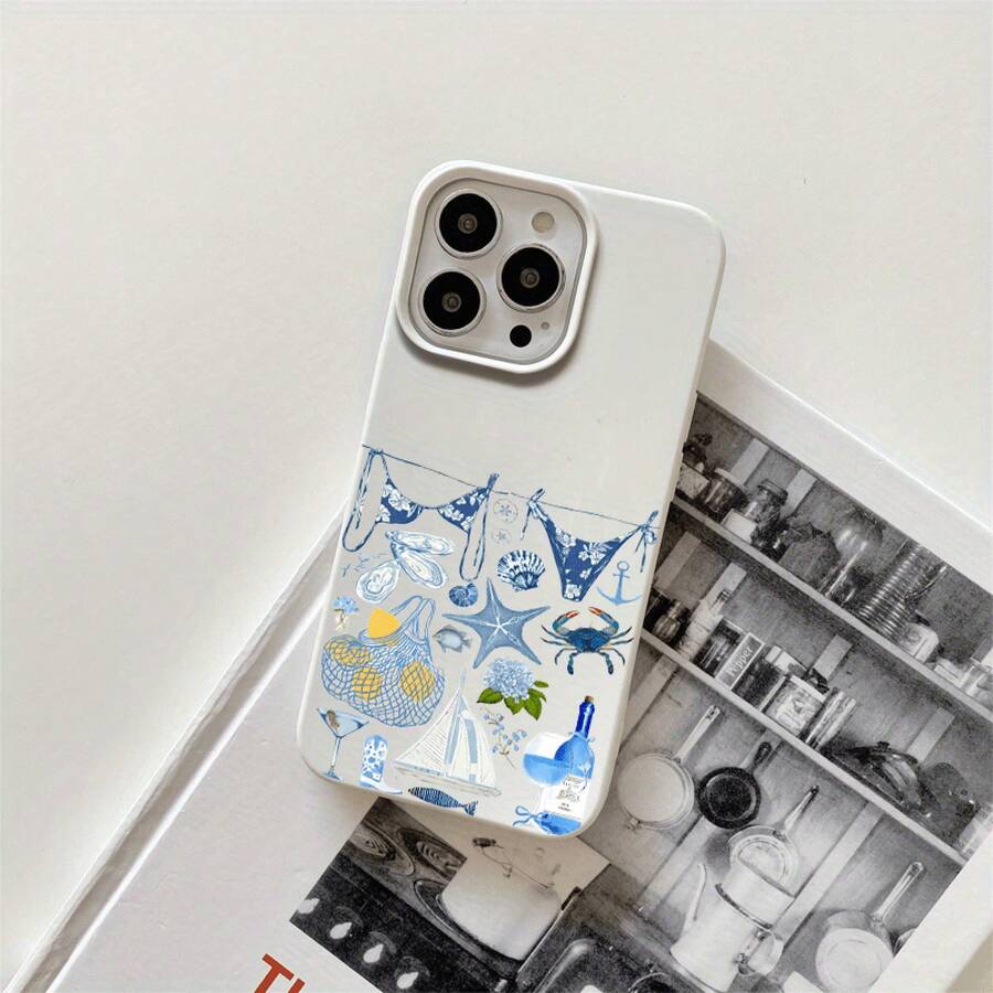 Fundas y protectores para teléfono con diseño de imitación de orificios grandes y estampado de mariscos azul marino. Compatibles con phone 16 Pro Max, 16, 15 Pro, 14, 14 Plus/14 Pro Max, 13, 13 Pro, 12 Pro, 11/11 Pro y la serie Pro. Regalos para cumpleaños y fiestas - Blanco - Ver 1
