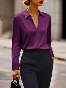 1 pieza Blusa de satén de unicolor con cuello en V y manga larga, para oficina, casual, viaje, vacaciones, todo el año