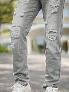 Men's Outdoor Casual Straight Leg Distressed Blue Jeans, Autumn/Winter - Grey - View 6