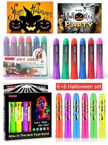 6支夜光蜡笔，色彩鲜艳，在紫外光下会发光，适用于人体和面部彩绘，新年/化妆舞会/节日/万圣节/迪斯科妆容；另附10支万圣节服装、节日艺术绘画用染发粉笔。 - 彩色 - 查看 17
