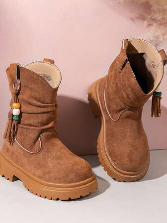 New Brown Colorful Beaded Pendant Decorated Girls Short Boots, Simple Slip-On Comfortable Back-To-School Children's Boots, Quality Faux Suede Material, Cozy Lining And Thick Soft Sole, Suitable For 4-18 Years Old Kids, Versatile Mid-Calf Boots For All Seasons