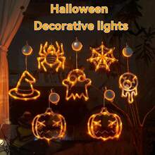 Luces LED de ventana de diseño múltiple para Halloween - Juego de decoración con ventosas y batería, con calabazas naranjas, arañas, ojos de fantasma y sombreros de bruja para crear una atmósfera espeluznante en interiores/exteriores. Decoración para Halloween, Navidad, Acción de Gracias, bodas, hogar, otoño, cumpleaños, fiestas, jardín, festivales y adornos de Halloween.