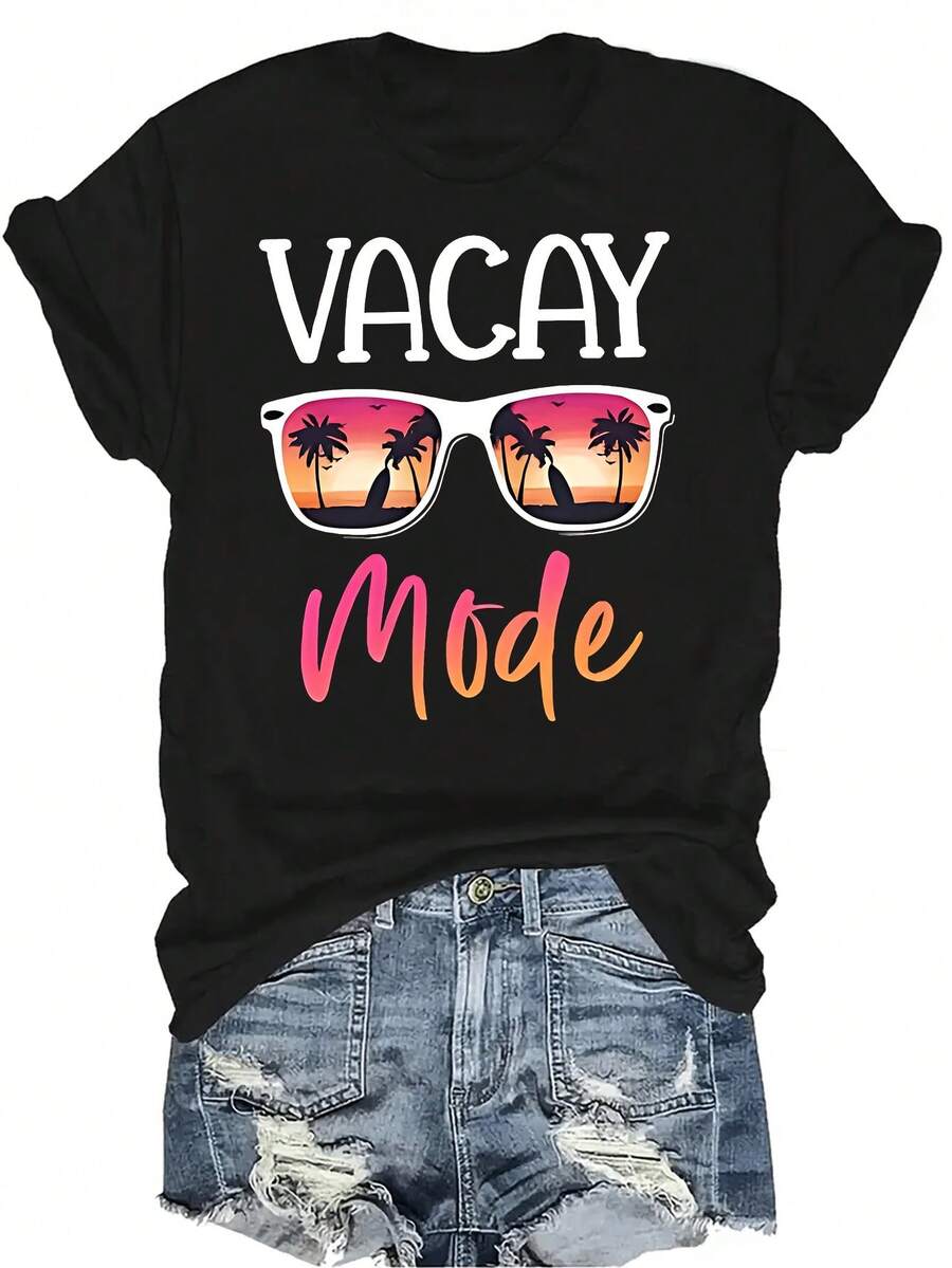 Camiseta de manga corta con cuello redondo, de estilo casual y transpirable, con diseño de árbol de coco en "modo vacaciones", adecuada para adolescentes y adultos - Negro - Ver 1