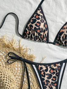 Women's Backless Leopard Print Patchwork Bikini Set (Top And Bottom), Casual Summer - Black - View 5