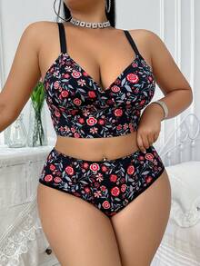 Plus Size Printed Lingerie Set, Adjustable Straps, Seamless, Suitable For Daily Wear In Various Occasions - Black - View 1