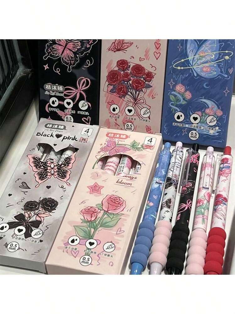 4 Penne Gel Retrattili A Forma Di Farfalla Rosa, Punta 0,5 Mm, Inchiostro Nero, Cancelleria Kawaii Per Ragazze E Ufficio - 2