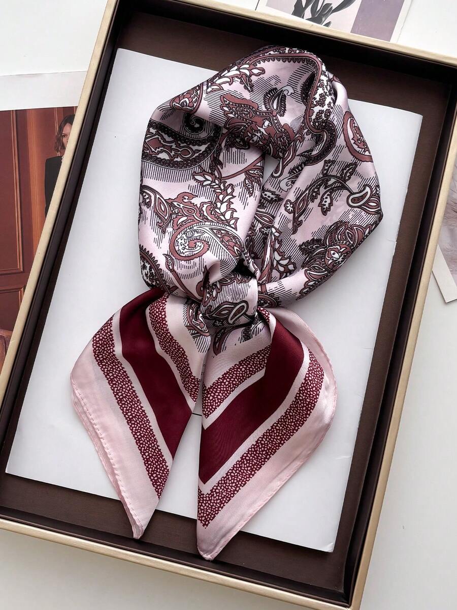 1pc Paisley Print Faux Silk 27.6in Small Square Scarf/Bandana, Versatile Neck Scarf For Men, Sun Protection - Reddish Pink - View 1