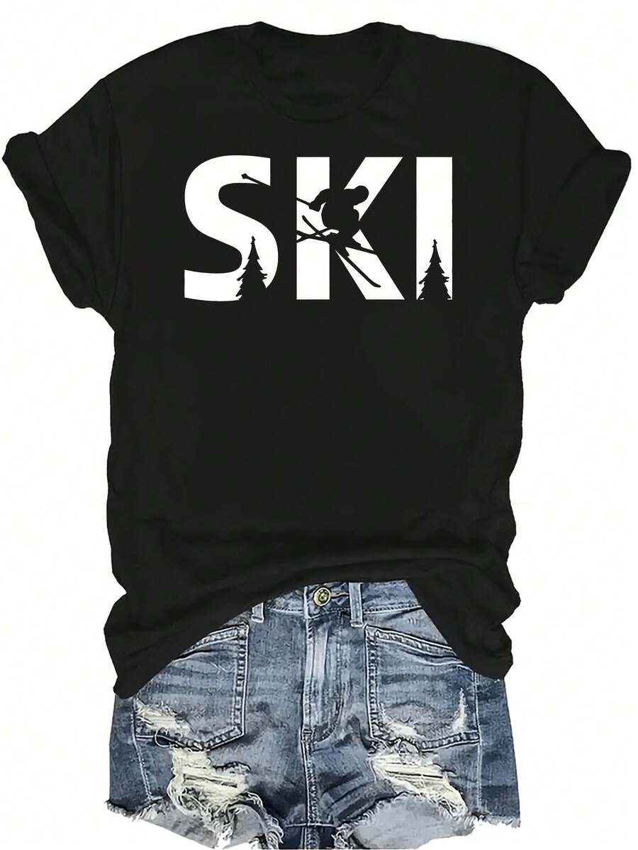 Camiseta de esquí unisex de verano, casual, transpirable y de personalidad con cuello redondo, manga corta, ropa de calle versátil, adecuada para adolescentes y adultos - Negro - Ver 1