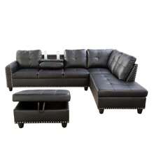 Modern Black Faux Leather Sofa Set[2 Options]2 Purchase Choices: Ottoman Only Or Complete 3-Piece Set With 2 Gift Pillows | Sleek PU Leather Sectional Couch, Contemporary L-Shaped Design With Storage, Elegant Housewarming Gift - 黑色 - 查看 5
