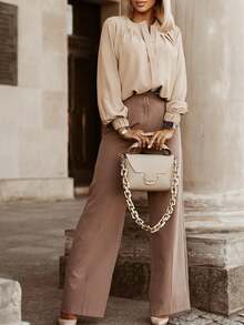 Acelitt Women's Solid Color Pleated Design Casual Long Sleeve Shirt, Suitable For Daily Commute, Spring & Autumn - Khaki - View 4