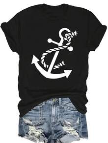 Camiseta con estampado de ancla, unisex, de verano, casual, transpirable, de cuello redondo, de manga corta, ropa de calle, versátil, adecuada para adolescentes y adultos - Negro - Ver 1