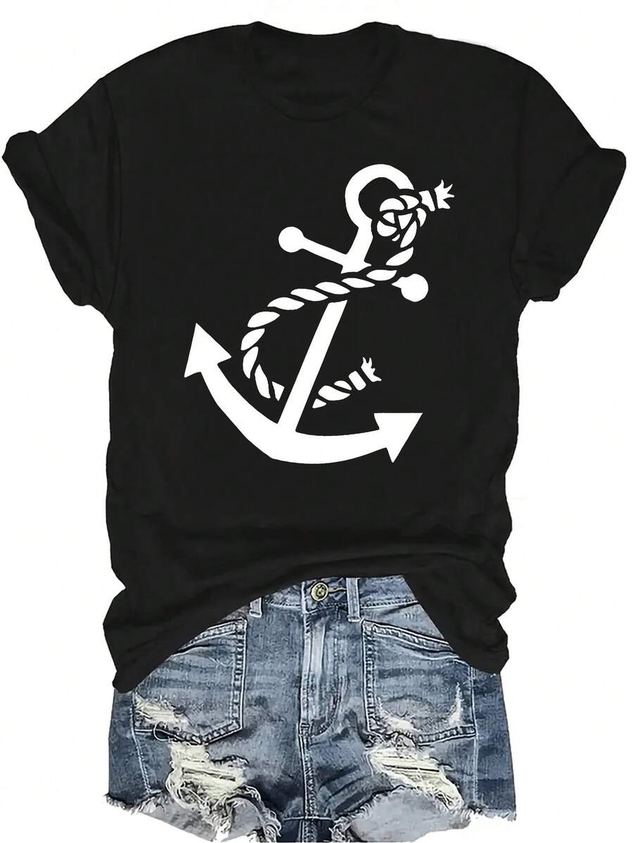 Camiseta con estampado de ancla, unisex, de verano, casual, transpirable, de cuello redondo, de manga corta, ropa de calle, versátil, adecuada para adolescentes y adultos - Negro - Ver 1