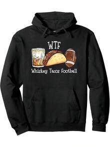 Men'S  Whiskey Tacos Football Graphic Hoodie - Black Casual Pullover Sweatshirt With Humorous Design, Regular Fit Long Sleeve For Everyday Wear & Thanksgiving Day, Everyday Comfort Apparel| Playful Graphic Hoodie| Comfortable Fit Hoodie, Essential Hoodie, Perfect For Thanksgiving - màu đen - Xem 1