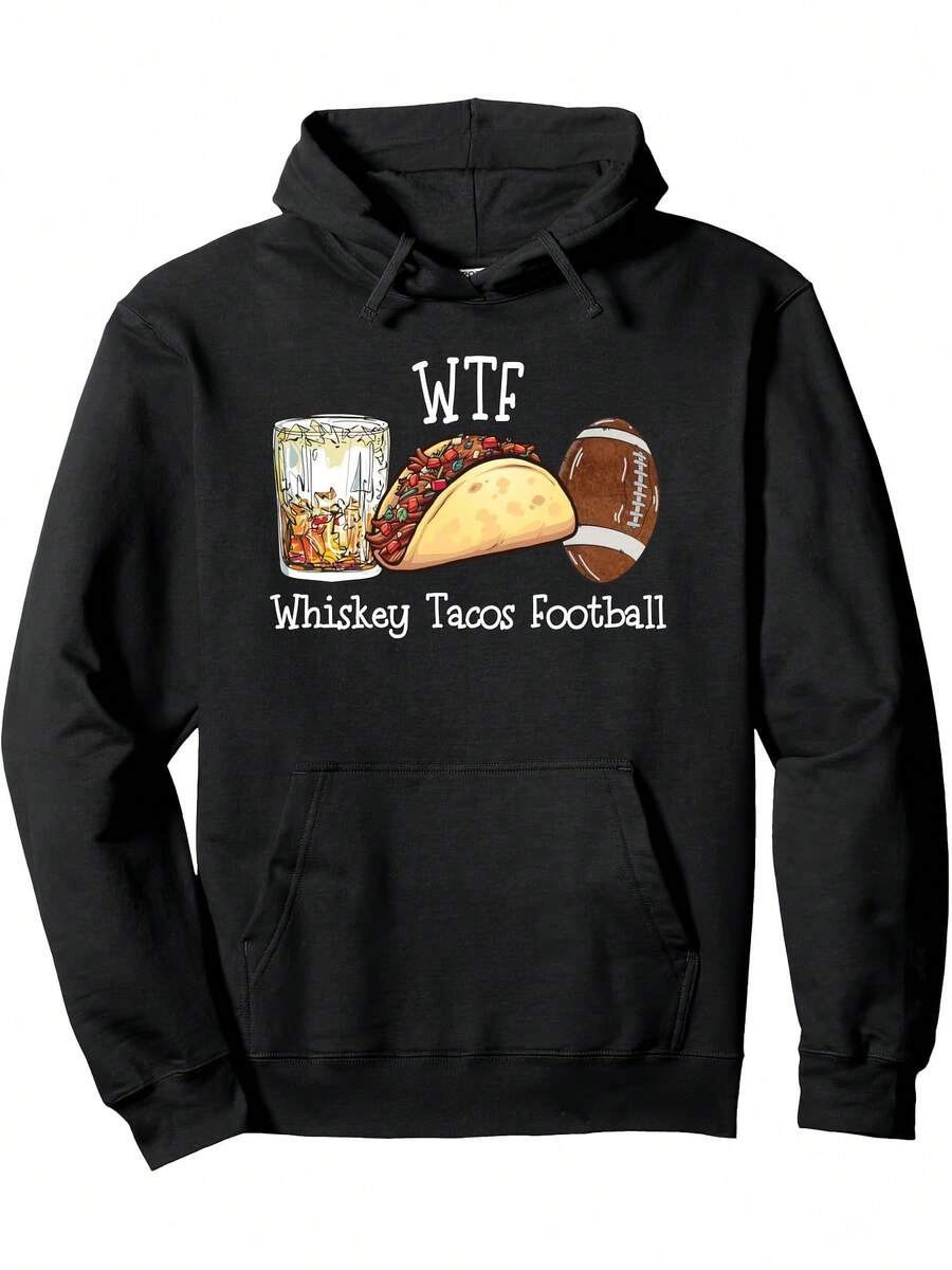 Men'S Whiskey Tacos Football Graphic Hoodie - Black Casual Pullover Sweatshirt With Humorous Design, Regular Fit Long Sleeve For Everyday Wear & Thanksgiving Day, Everyday Comfort Apparel| Playful Graphic Hoodie| Comfortable Fit Hoodie, Essential Hoodie, Perfect For Thanksgiving - màu đen - Xem 1