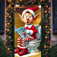 1pc, 35.4x70.8 Inches (90x180 Cm), Merry Christmas, 2D Christmas Curtain Design With The Theme Of Christmas Elves Reading In The Toilet, Made Of Polyester, Suitable For Birthdays, Parties, Celebration Events, Indoor/Outdoor Decoration, Home, Porch, Lawn, Garden, Courtyard Decoration, Universal Theme, With Holes For Easy Hanging