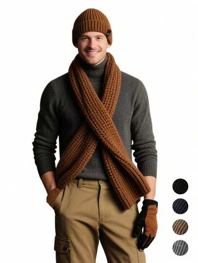 3pcs/Set Autumn/Winter New Warm Accessories, Simple Solid Color Knit Hat, Long Scarf, Touchscreen Gloves, Fashionable Versatile And Cozy