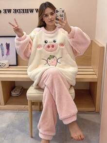 Cute Pig & Strawberry Plush Pajama Set - Polyester Fleece Winter Loungewear - Hồng - Xem 4