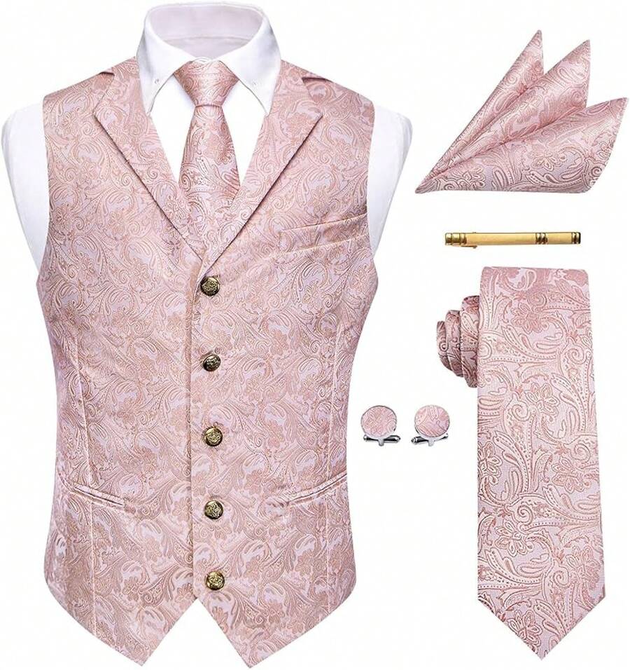 2025 Best Mens Victorian Vest Tie Set Silk Paisley Suit Vests Formal Waistcoat Gothic Steampunk Vest With Notched Lapels - 粉色 - 查看 1