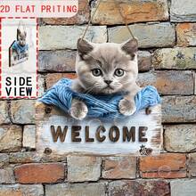 1 Stück britische Bobtail Katze Willkommensschild - Hölzernes Wandhängschild für Eingang, Garten, Flur, Restaurant, Bauernhaus - 2D Flachdruck, ideales Oster-/Geburtstagsgeschenk für Haustier-Liebhaber