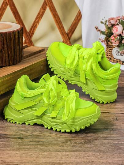 荧光绿时尚运动休闲户外健身运动鞋，系带派对时尚经典男士运动鞋，节日礼物，减震平台厚底百搭厚底运动鞋