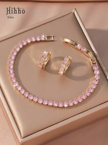 Hihho 3pcs Cubic Zirconia Wedding Jewelry Set, Bridal Cubic Zirconia Tennis Bracelet, Women Jewelry Set