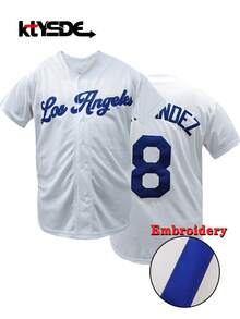 KTYSDE Men's #8 White Los Angeles Letter Embroidered Baseball Jersey, Loose V-Neck Short Sleeve Button-Up Sports Top