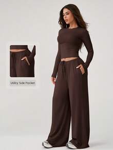 NcmRyu 1 Set Damen bequemer, lässiger Straight-Leg Langarm-Trainingsanzug mit weiter Passform für Fitness, Laufen und Outdoor-Sport