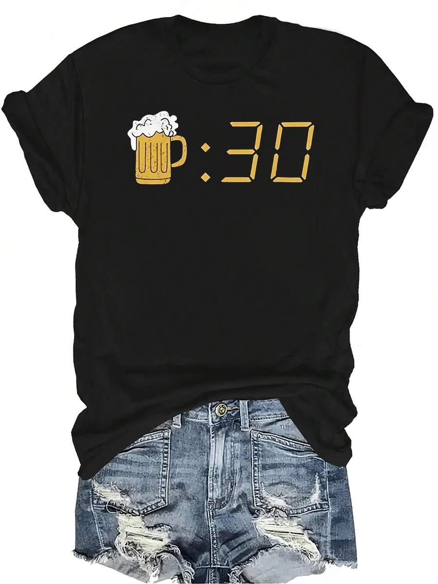 Camiseta de fiesta divertida con el texto "Beer O'Clock Drinking Time", de estilo casual y transpirable, de cuello redondo y manga corta, adecuada para adolescentes y adultos - Negro - Ver 1