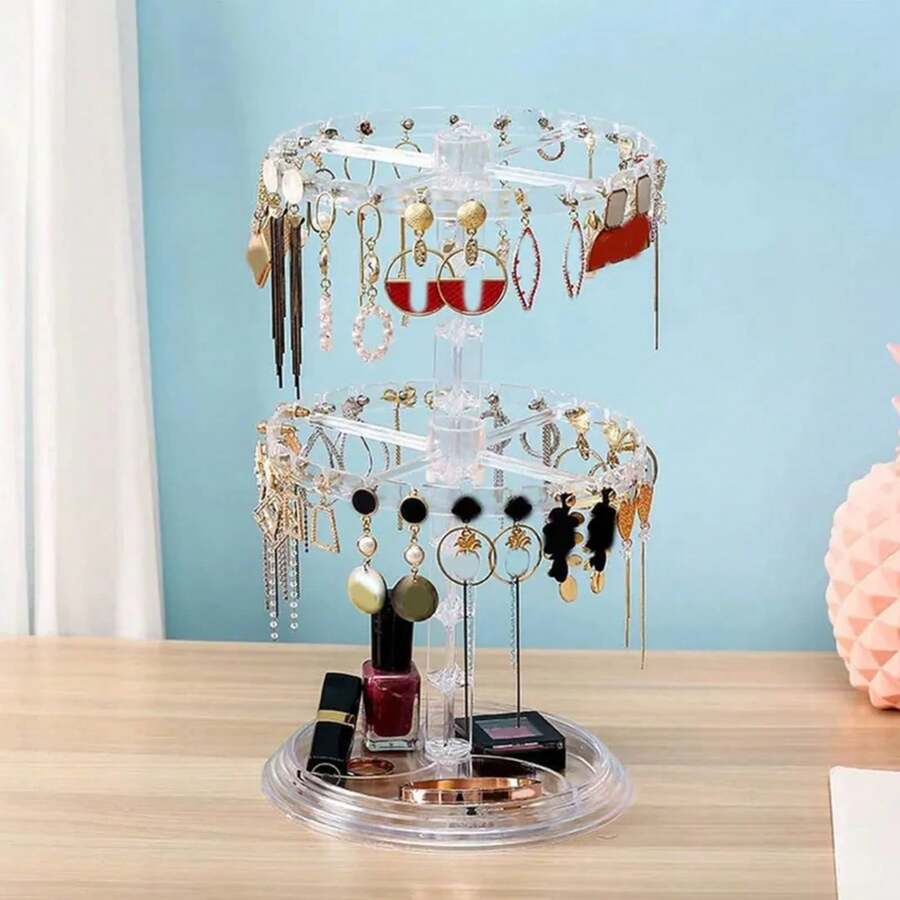 Estante de joyería giratorio de doble capa, estante de exhibición de joyería transparente en forma de árbol, estante de almacenamiento para pendientes y collares, 1. - Transparente - Ver 1