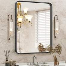 DUMOS Black Metal Framed Vanity Rounded Rectangle Bathroom Mirrors Over Sink Wall, 36x24 Inch Large Matte Mirror, Modern Decorative Restroom, Farmhouse, Horizontally Or Vertically Hanging - 黑色/長方形 - 查看 7
