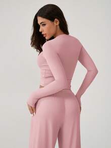 NcmRyu 1 Set Women Comfortable Casual Solid Color Round Neck Wide Leg Straight Loose Fit Long Sleeve Fitness Workout Running Outdoor Sports Suit