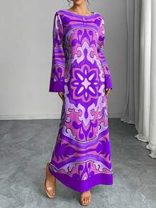 Middle Eastern Style Women's Abaya Dress, Round Neck, Color Block Print, Long Loose Fit Long Sleeve Ruffle Cuff, Elegant, Vacation Vibe, Holiday, Autumn/Winter Casual Maxi Dress, Evening Gown