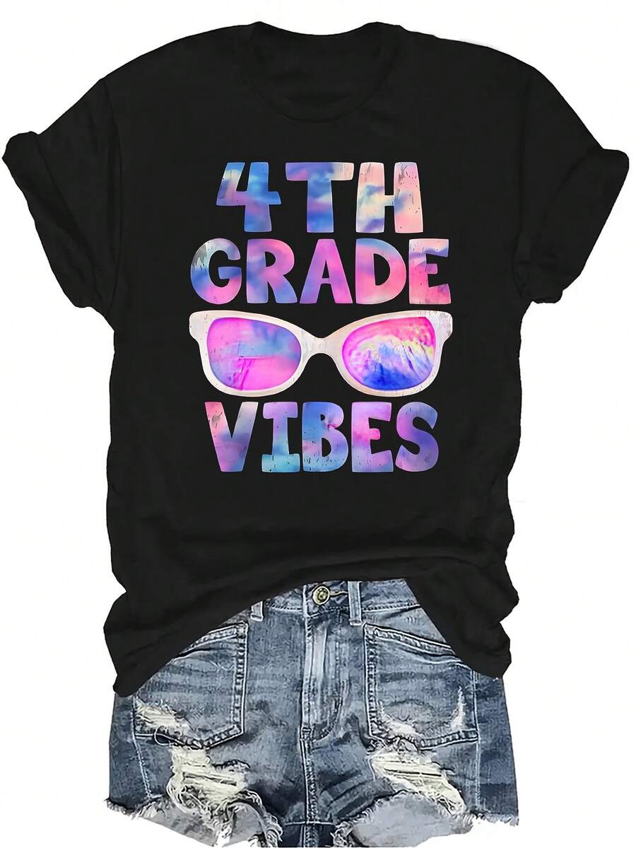 Vibraciones de 4to grado de regreso a la escuela Camiseta de maestro del primer día Unisex Casual de verano Transpirable Personalidad Cuello redondo Manga corta Camiseta Ropa de calle Versátil, Adecuado para adolescentes y adultos - Negro - Ver 1