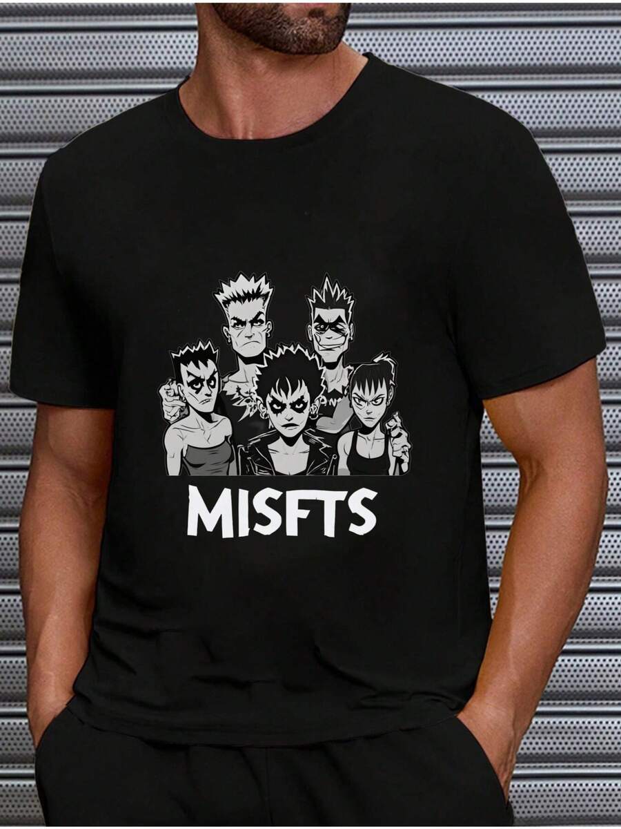 Round Neck Black T-Shirt With Misfits Anime Characters And Text For Casual Wear - 黑色 - 查看 1