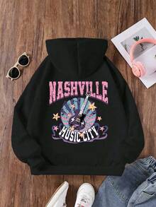 少女返校季少女音乐吉他印花连帽卫衣 - 柔软、可机洗、百搭 - 秋冬休闲/派对/运动（秋季新款，万圣节） - 黑色 - 查看 6