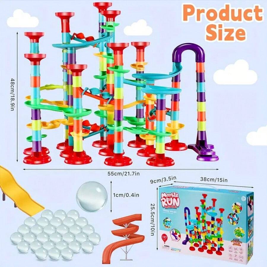 197pcs Marble Race Track Toys, Marble Run Set, Construction Building Blocks Game For Kids Birthday STEM Gifts, And Early Cognition, Hand Exercise, Parent-Child Interaction, Distinguish Colors - 彩色 - 查看 1