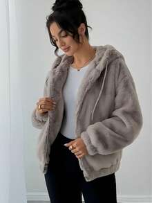 Women's Faux Fur Jacket For Winter, Solid Color With Strong Texture, Hooded With Drawstring, Casual College Style, Soft, Warm, Comfortable And Elegant - Grey - View 7