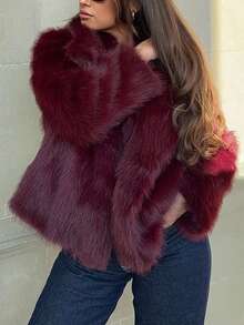 仿毛皮毛绒蓬松保暖长袖秋冬外套 - 紅色 - 查看 6